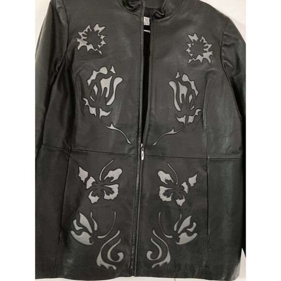 Nolan Miller Stiff Leather Jacket Glamour Women’s Large Black & Gray Embroidery - Picture 5 of 9